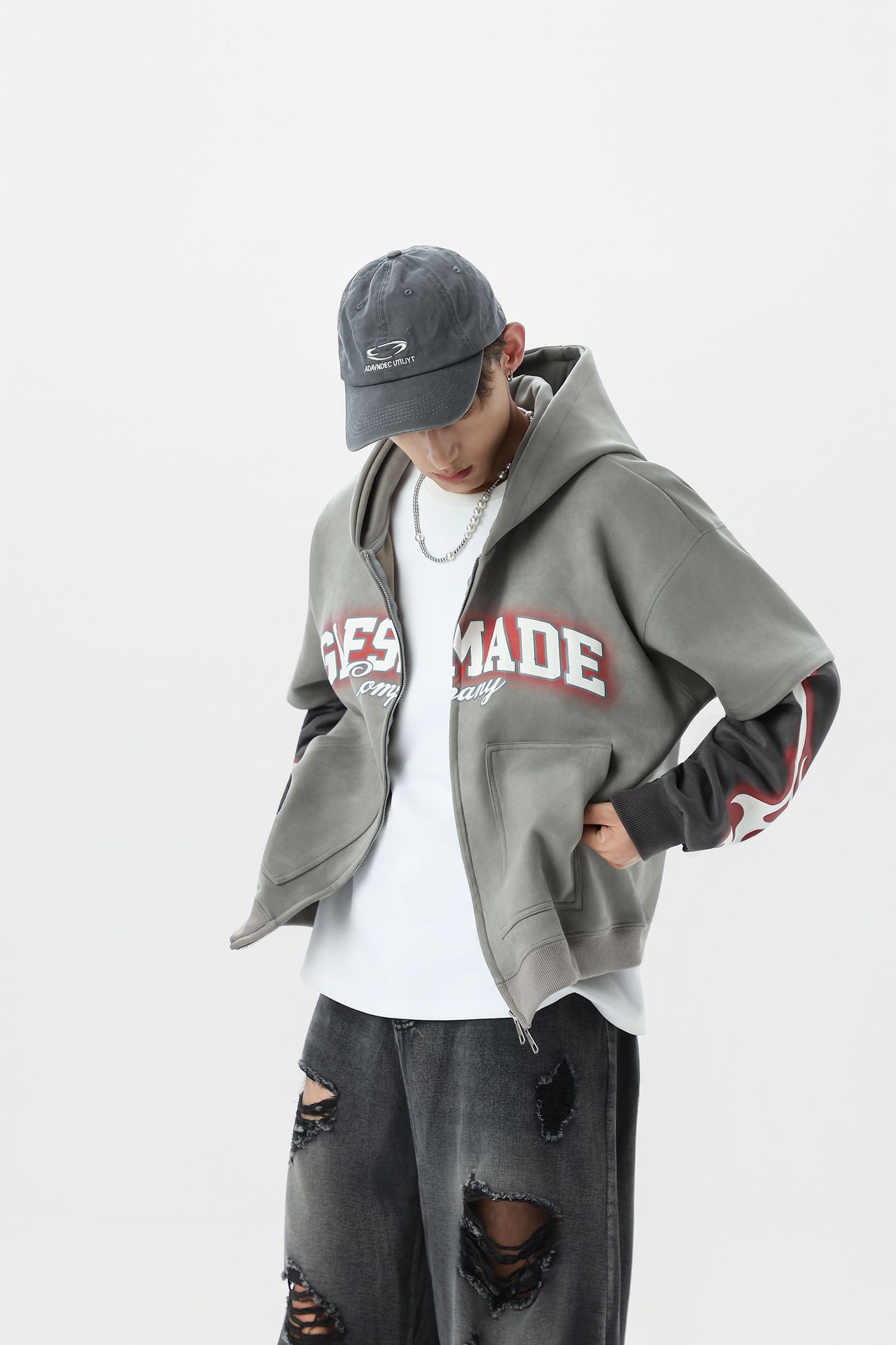 Streetwear Synthetic Graphic Long Sleeve Zip Hood Sweatshirt
