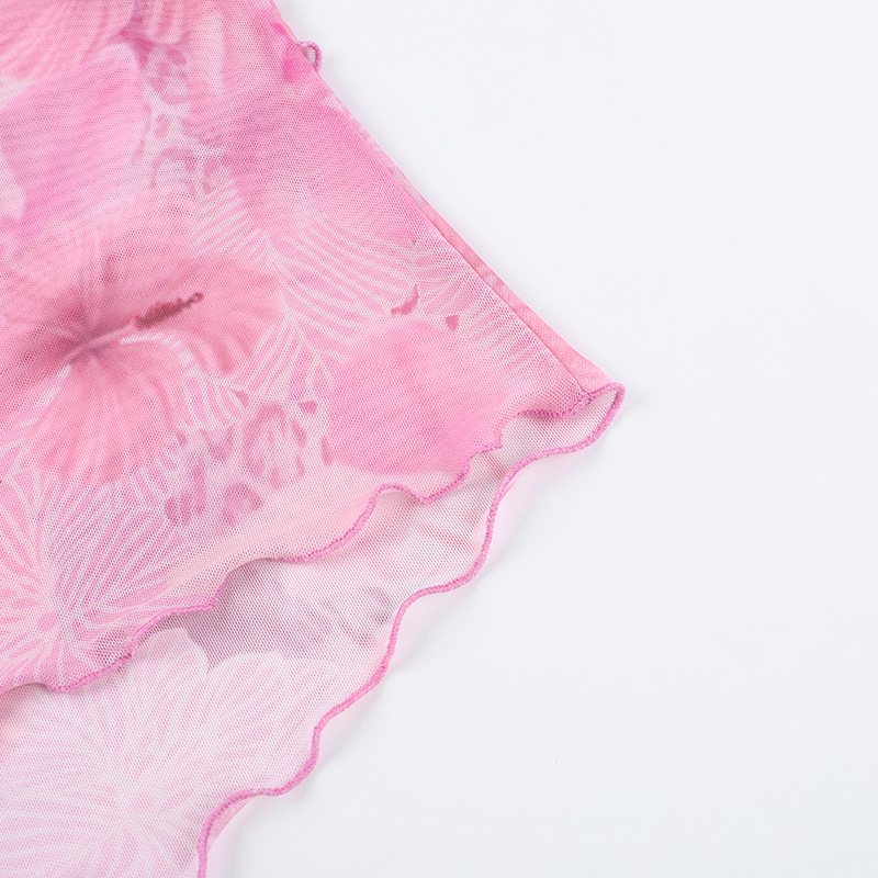 Patterned Chiffon Tank Scalloped Trim Belted Overlay