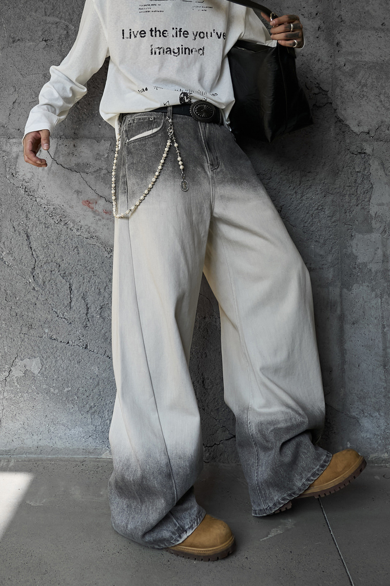 Streetwear Hip-Hop Style Gradient Color Wide-Leg Denim Pants Straight Leg Design Retro Knife-Edge Floor-Length Trousers