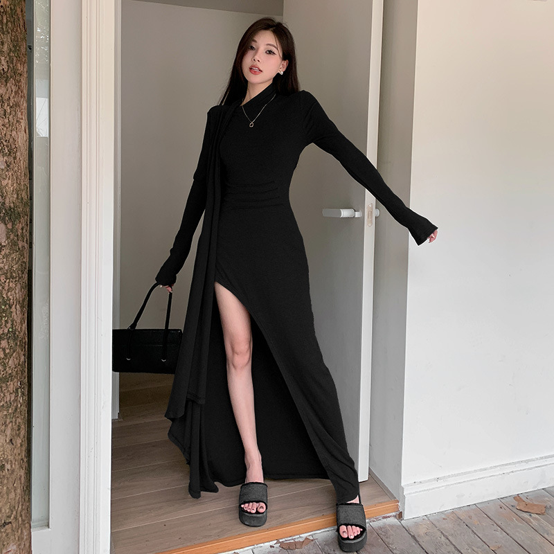 Mock Neck Full Sleeve Slit Fitted Dress