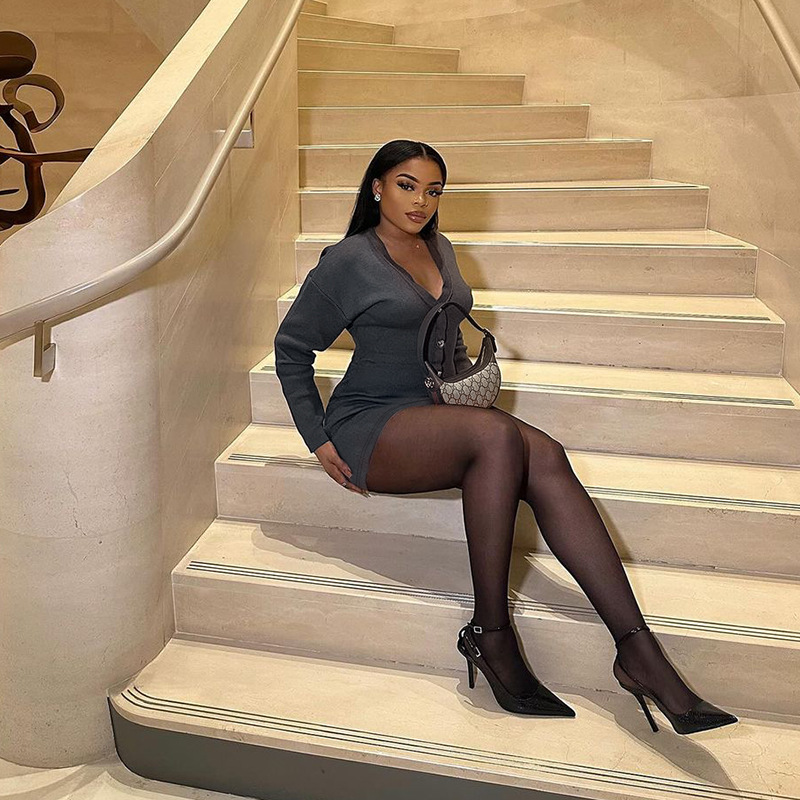 Long Sleeve Plunging Neck Mini Empire Dress