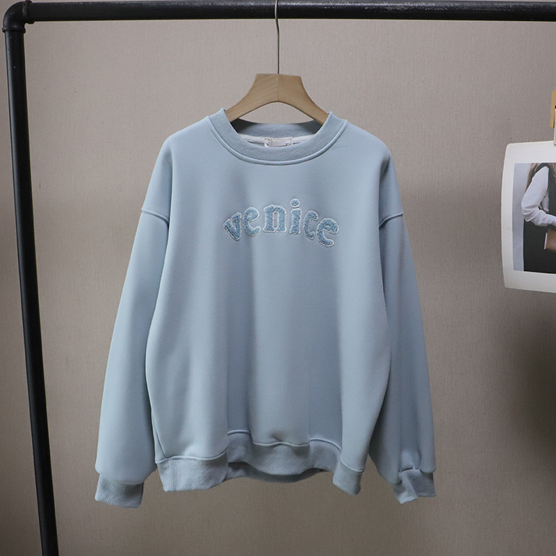 Letter Towel Embroidery Fleece Lined Thick Loose Casual Hoodie for Women