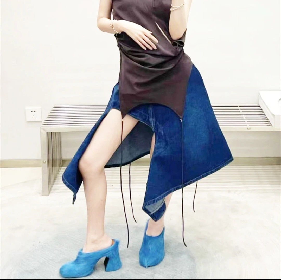 Round headed candy colored genuine leather horse hair with raised height inside casual lazy half slippers for women