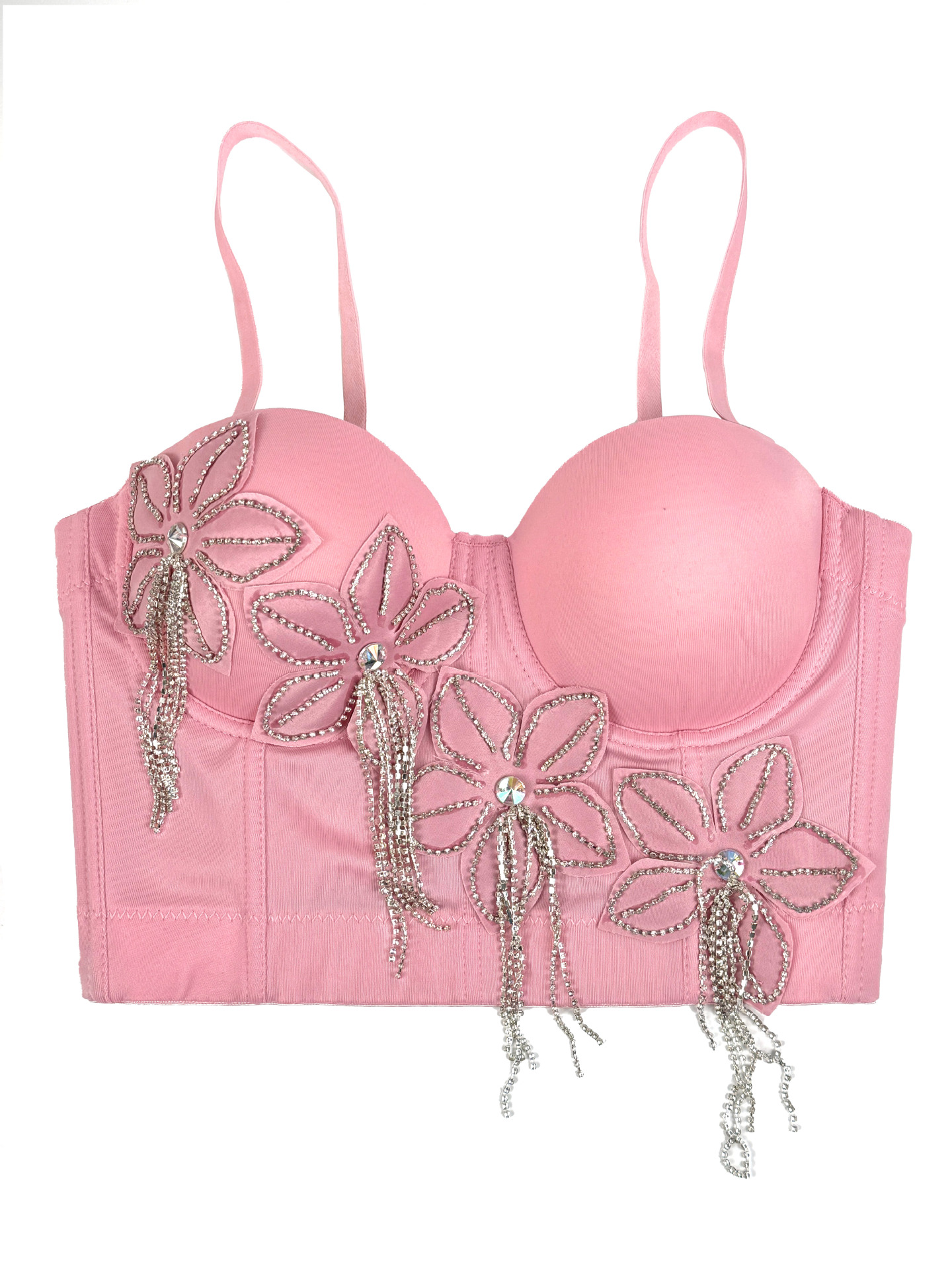 Floral Rhinestone Chain Tassel Boned Bustier Heavy Embroidery Fitted Strapless Camisole Outerwear Sexy Boned Top