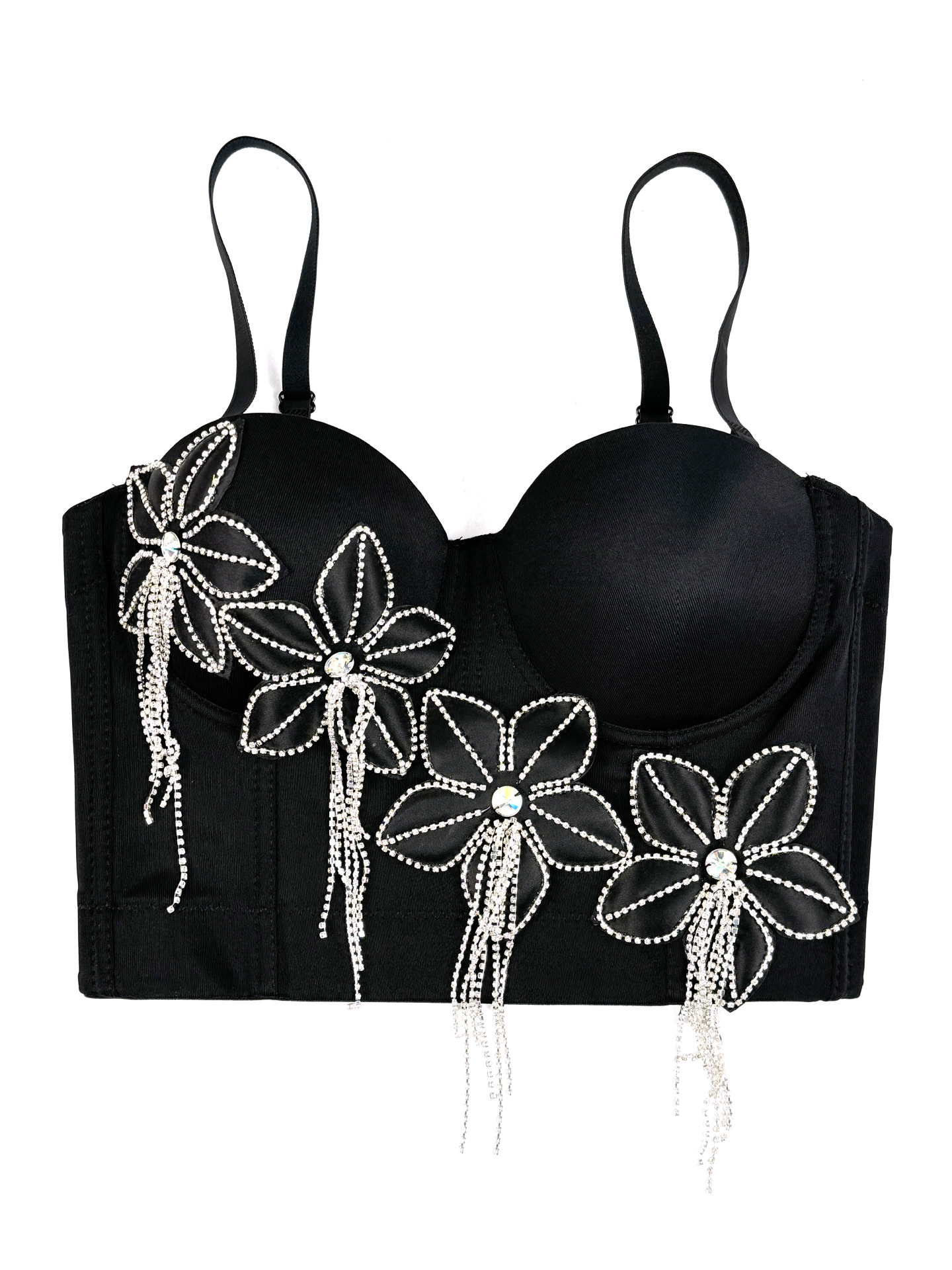 Floral Rhinestone Chain Tassel Boned Bustier Heavy Embroidery Fitted Strapless Camisole Outerwear Sexy Boned Top