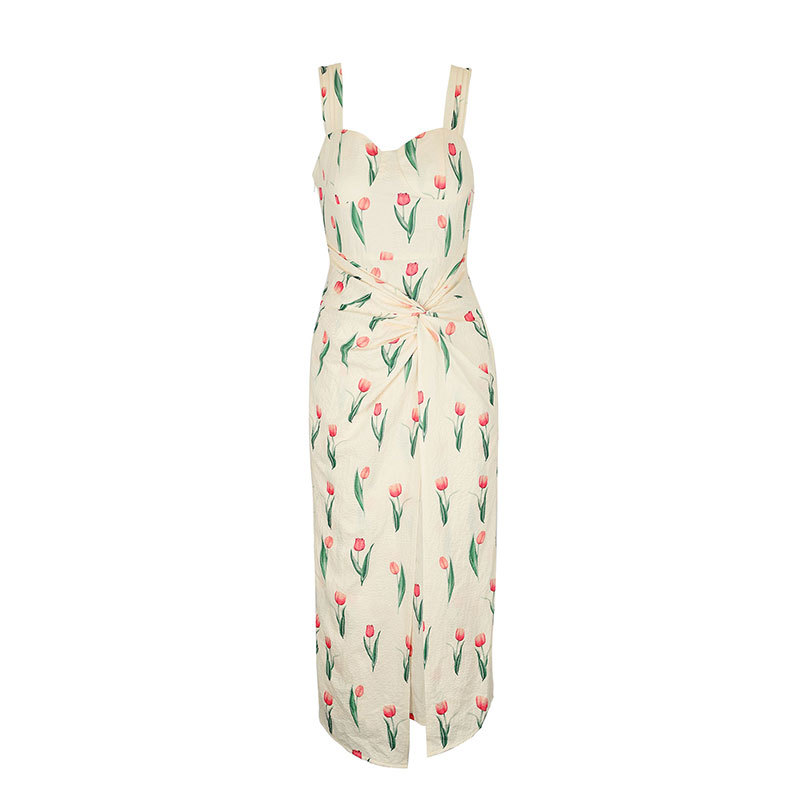 Strappy Patterned Ruched Fitted Split Dress