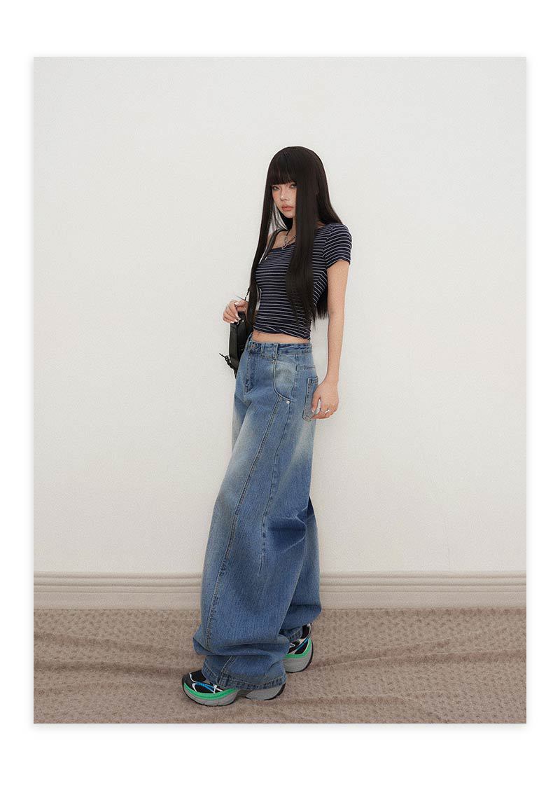 Deconstructed Knife-Edge Denim Pants for Women High-Waisted Wide-Leg Pants