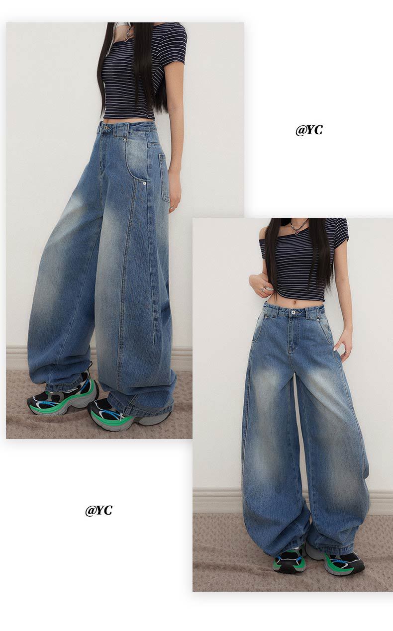 Deconstructed Knife-Edge Denim Pants for Women High-Waisted Wide-Leg Pants