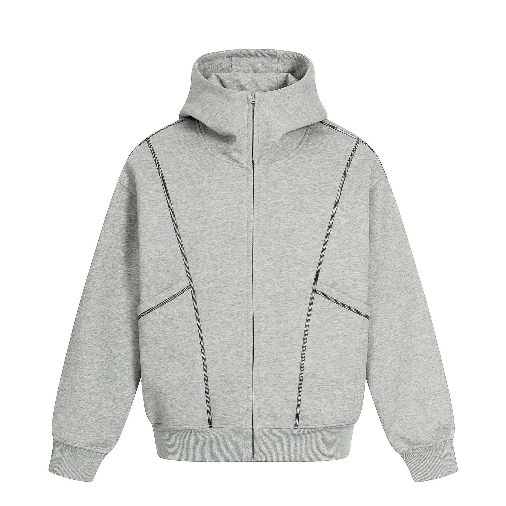 Oversized Streetwear Solid Cotton Zippered Raw Edge Hoodie