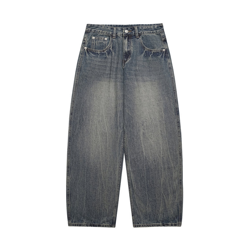 Washed Distressed Cat Whisker Pattern Loose Wide-Legged Knife-Edge Jeans