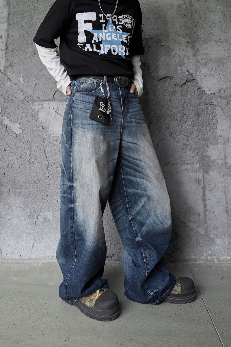 Vintage High-Quality INS Denim Pants Men High Street Washed Gradient Distressed Catwhisker Minimalist Wide-Leg Straight Leg Pants