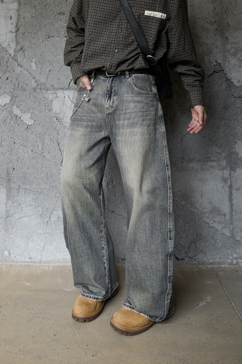 Washed Gradient Knife-Edge Denim Pants Men Streetwear High-Street Vibe Loose Straight Leg Wide Leg Pants
