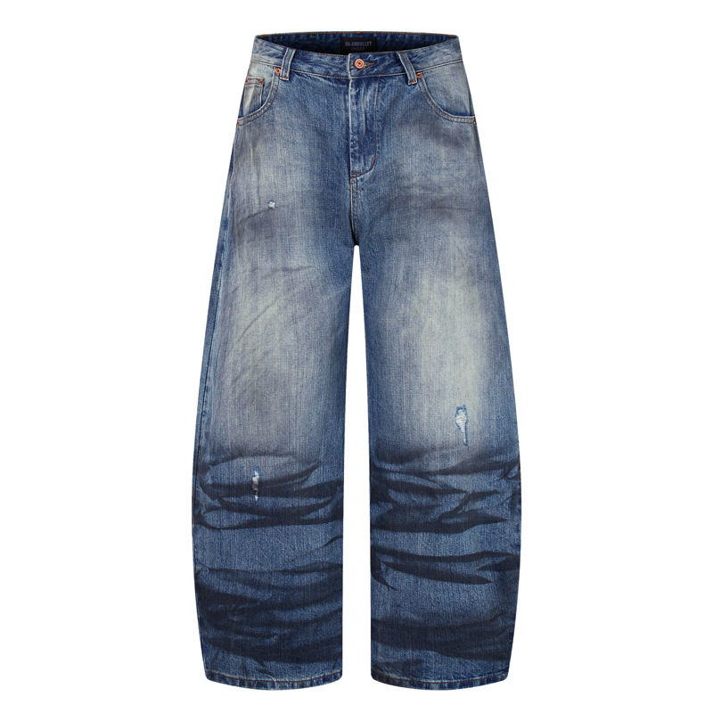 Street Style Vintage Distressed Washed Knife-Edge Denim Pants, Hip-Hop Casual Loose Ripped Straight Leg Jeans