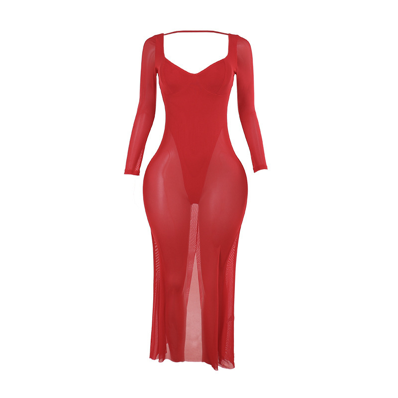 Sheer V-Neck Bodycon Full Sleeve Polyester Dress
