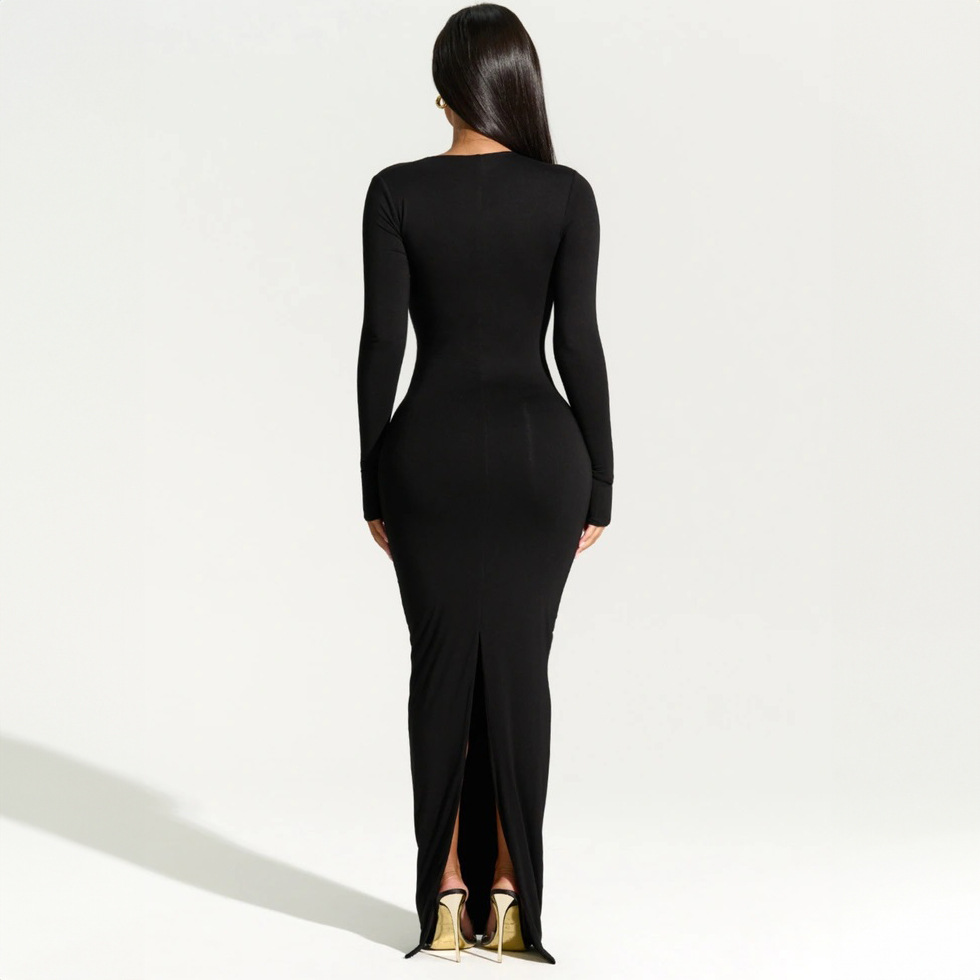 Full Sleeve Asymmetric Neck Straight Rear Slit Dress