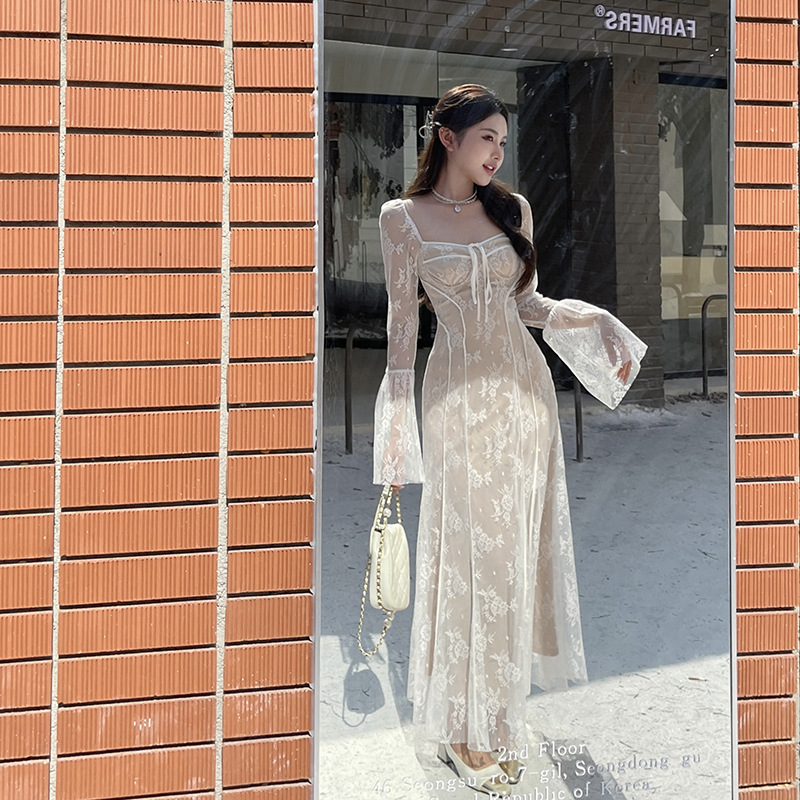 Square Neck Long Sleeve Polyester Maxi Dress