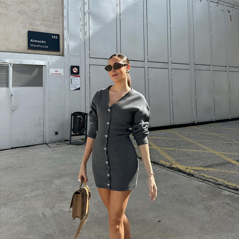 Long Sleeve Plunging Neck Mini Empire Dress