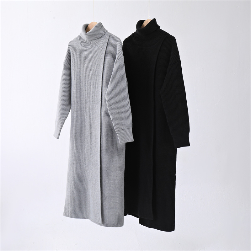 Full Sleeve Standing Collar Slit Pullover Dress