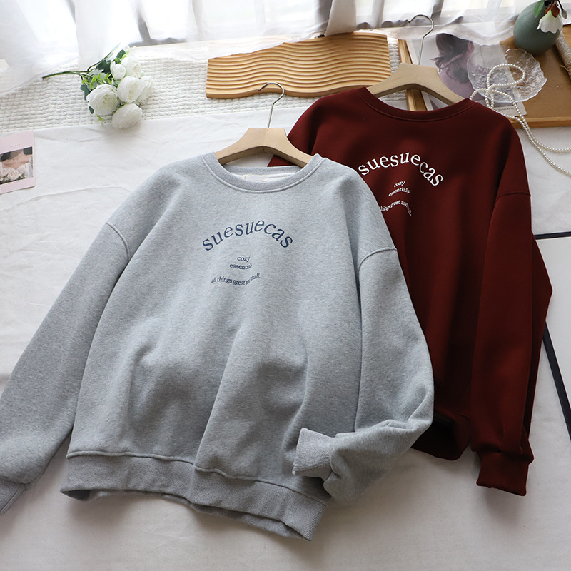 Casual Loose Fleece Lined Hoodie with Letter Print Round Neck Style Women's Sweatshirt