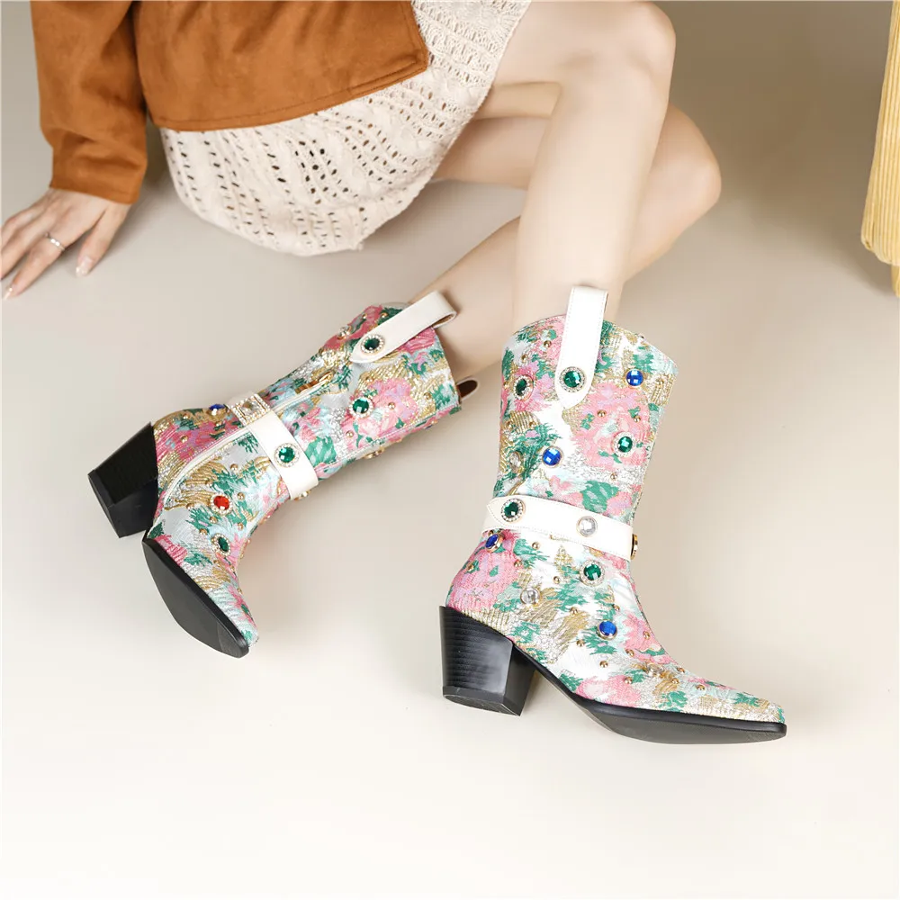 New Arrival Ethnographic Style Women Cow Leather Mid Calf Boots Pointed Toe Thick Heels Crystal