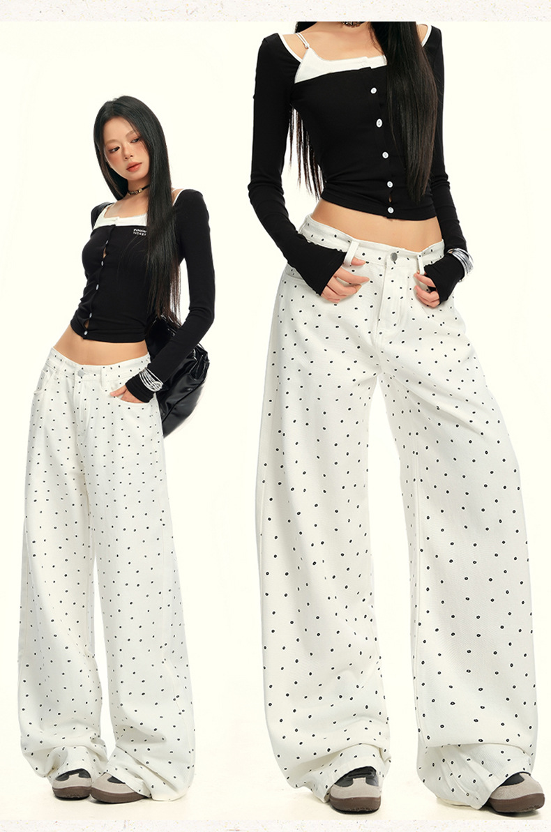 Women's Black and White Polka Dot Slimming Loose Straight Jeans High Waist Wide Leg Pants