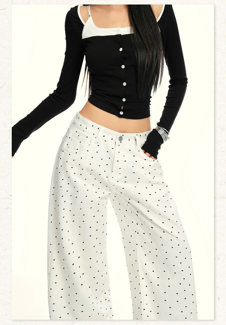 Women's Black and White Polka Dot Slimming Loose Straight Jeans High Waist Wide Leg Pants