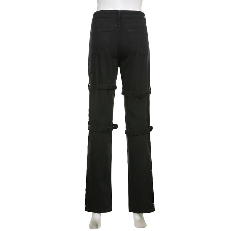 Metal buckle contrasting print high waisted workwear jeans for women