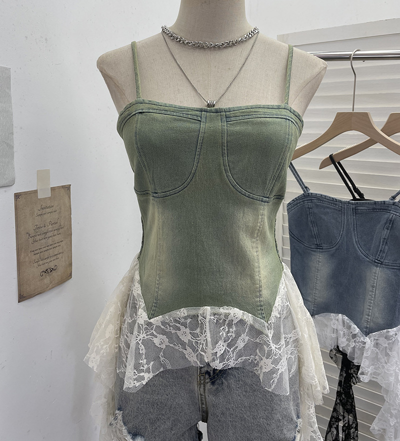 Slim Asymmetric Faded Jean Lacy Panel Fringed Bandeau