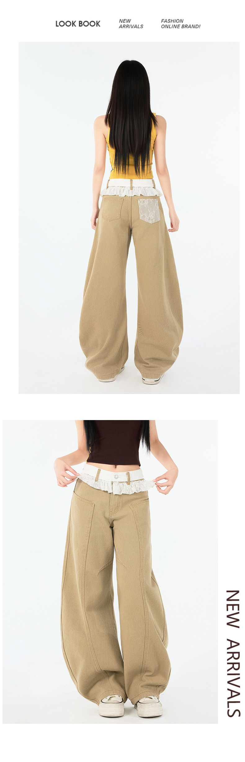 Women's Denim Pants with Lace Hem Design for Body Flare Trousers