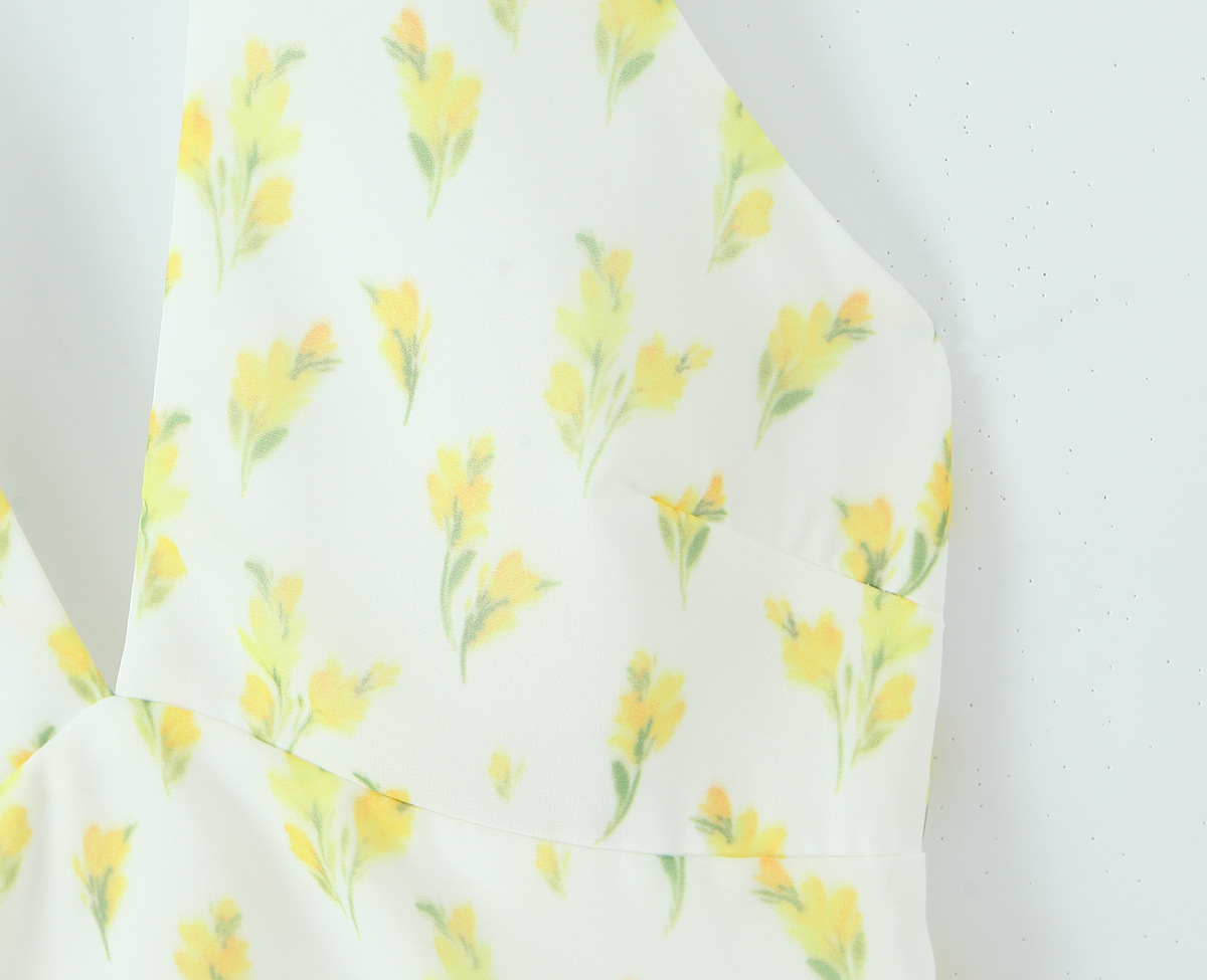 Printed deep V backless hanging neck waist dress