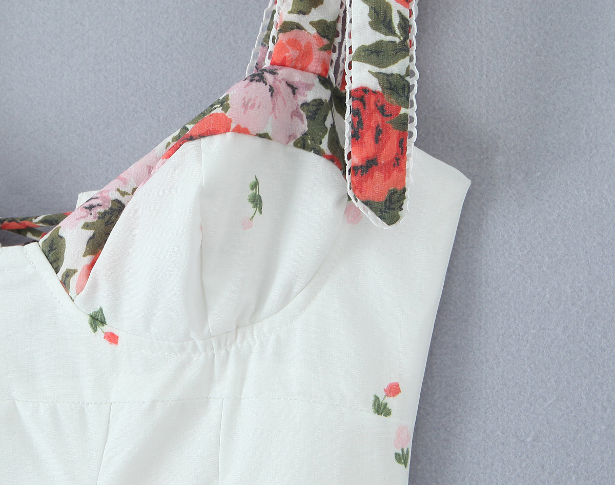 Splicing floral bow tie strap suspender dress