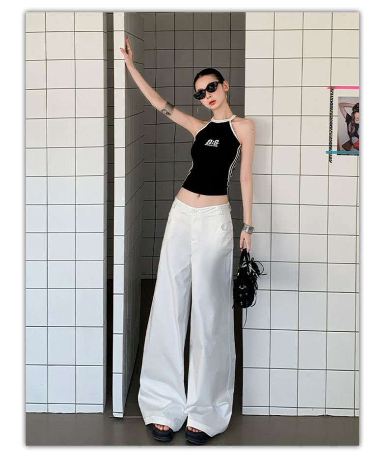 White Wide-Leg Casual Pants Light Weight High Waist Long Length Trousers for Tall Women