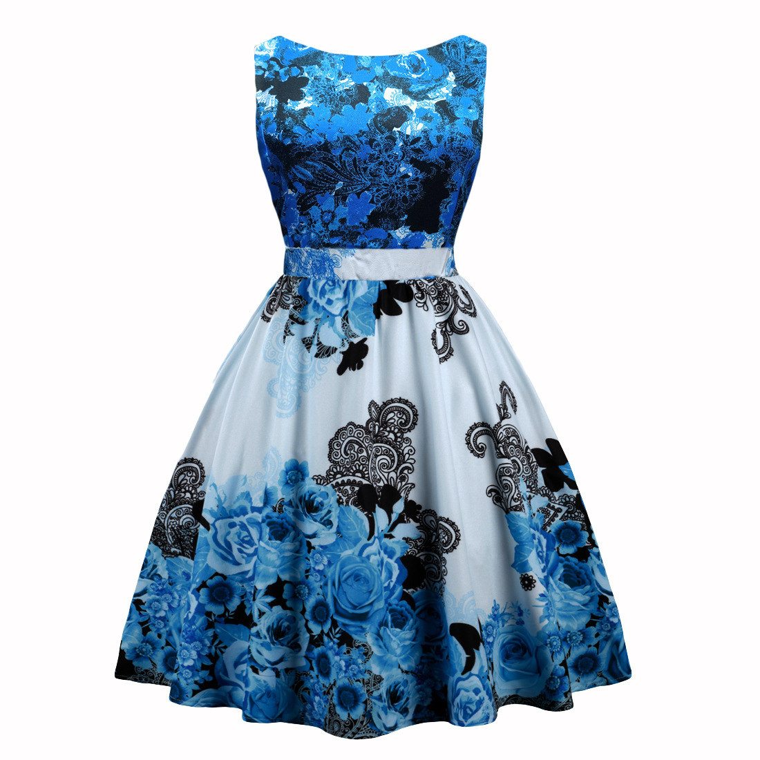 V-Neck Sleeveless High-Rise Flared Vintage Retro Patterned Dress