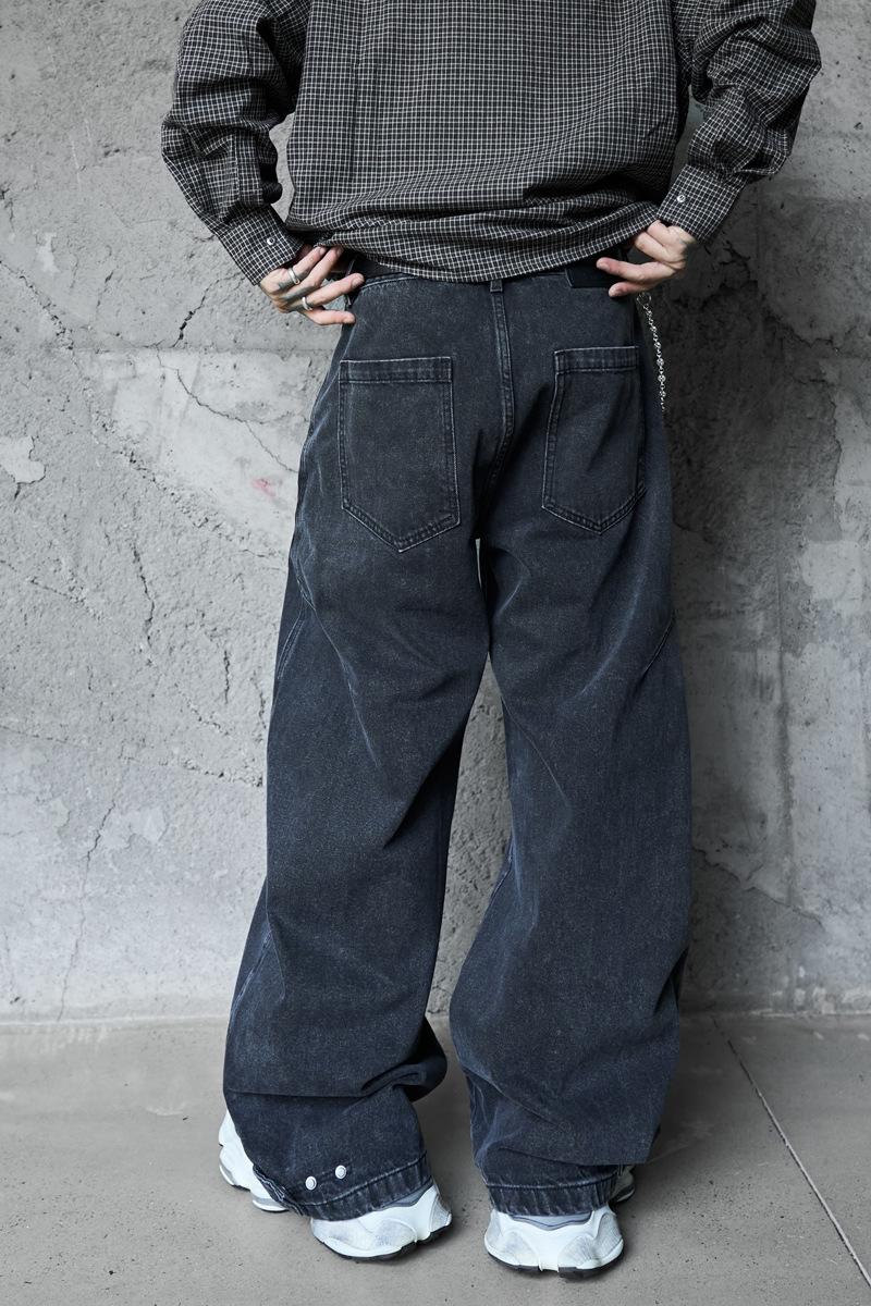 Retro Washed Deconstructed Knife-Edge Denim Pants Unisex Trendy Loose Hip-Hop Wide Leg Pants Black Scythe Style Pants
