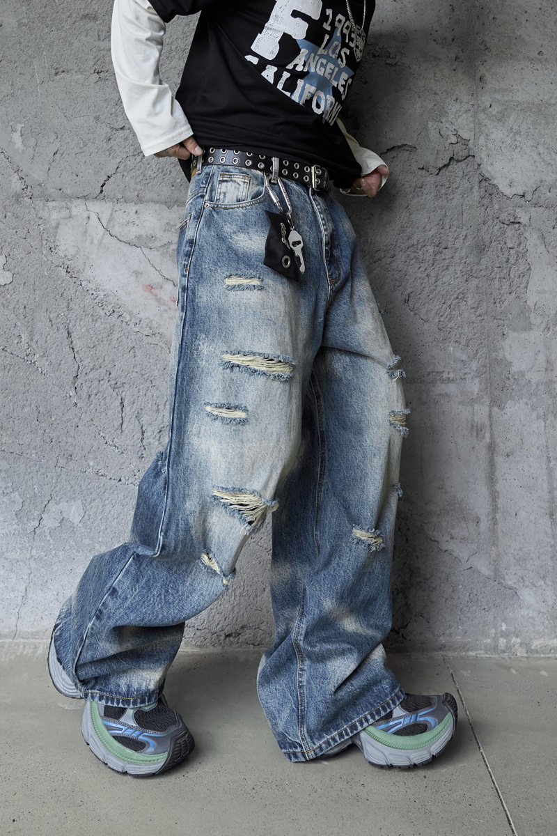 Vintage Personality Design Ripped Streetwear Loose Fit Jeans Men Hip Hop Distressed Wide Leg Long Pants