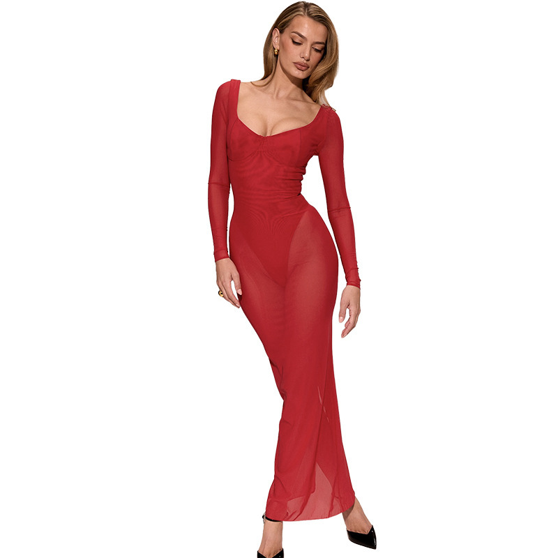 Sheer V-Neck Bodycon Full Sleeve Polyester Dress