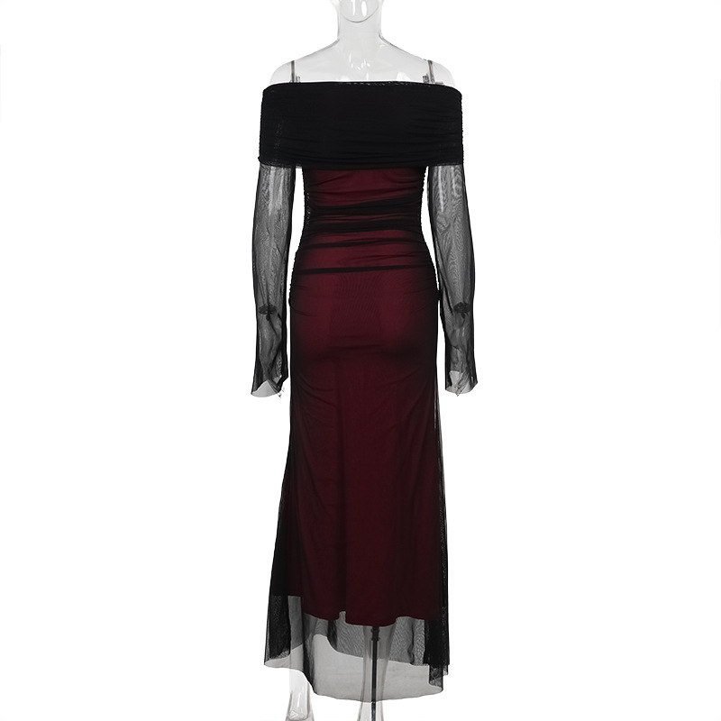 Asymmetric Neckline Three-Quarter Sleeve Polyester Long Mid-Rise Dress