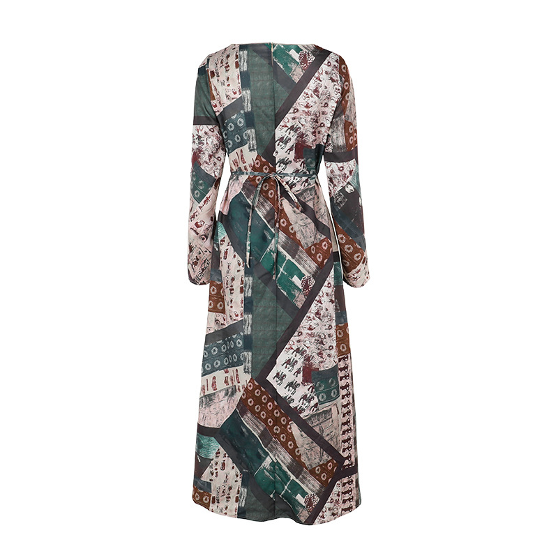 Stretch Vintage Fall Patterned Plunge Long Sleeve Dress