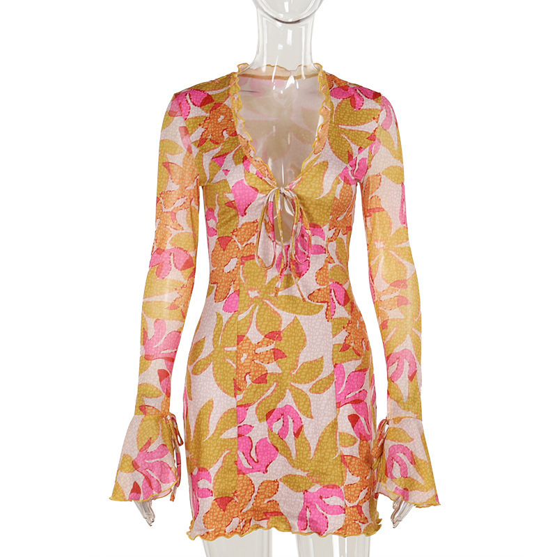 V-Neck Flared-Cuff High-Waist Belted Mini Dress