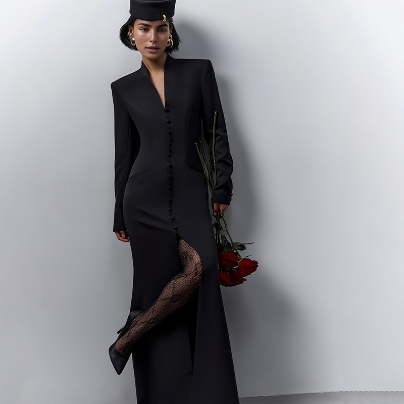 Plunging Neckline Long Sleeve Cinched Torso Vented Dress