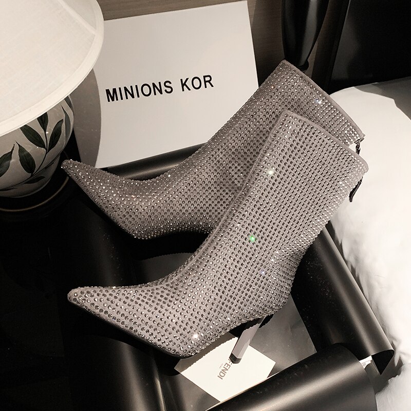 Women's Rhinestone High Heel Booties Fall New Pointed Toe Mid Boots 8.5cm High Heel Black Rhinestone Side Zipper Boots Size 39