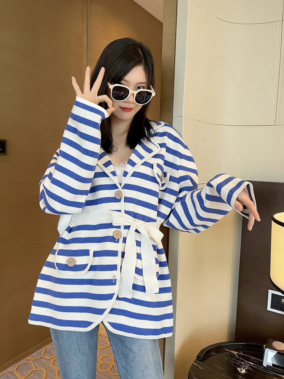 Ladies Relaxed Button Front Colorblock Cardigan