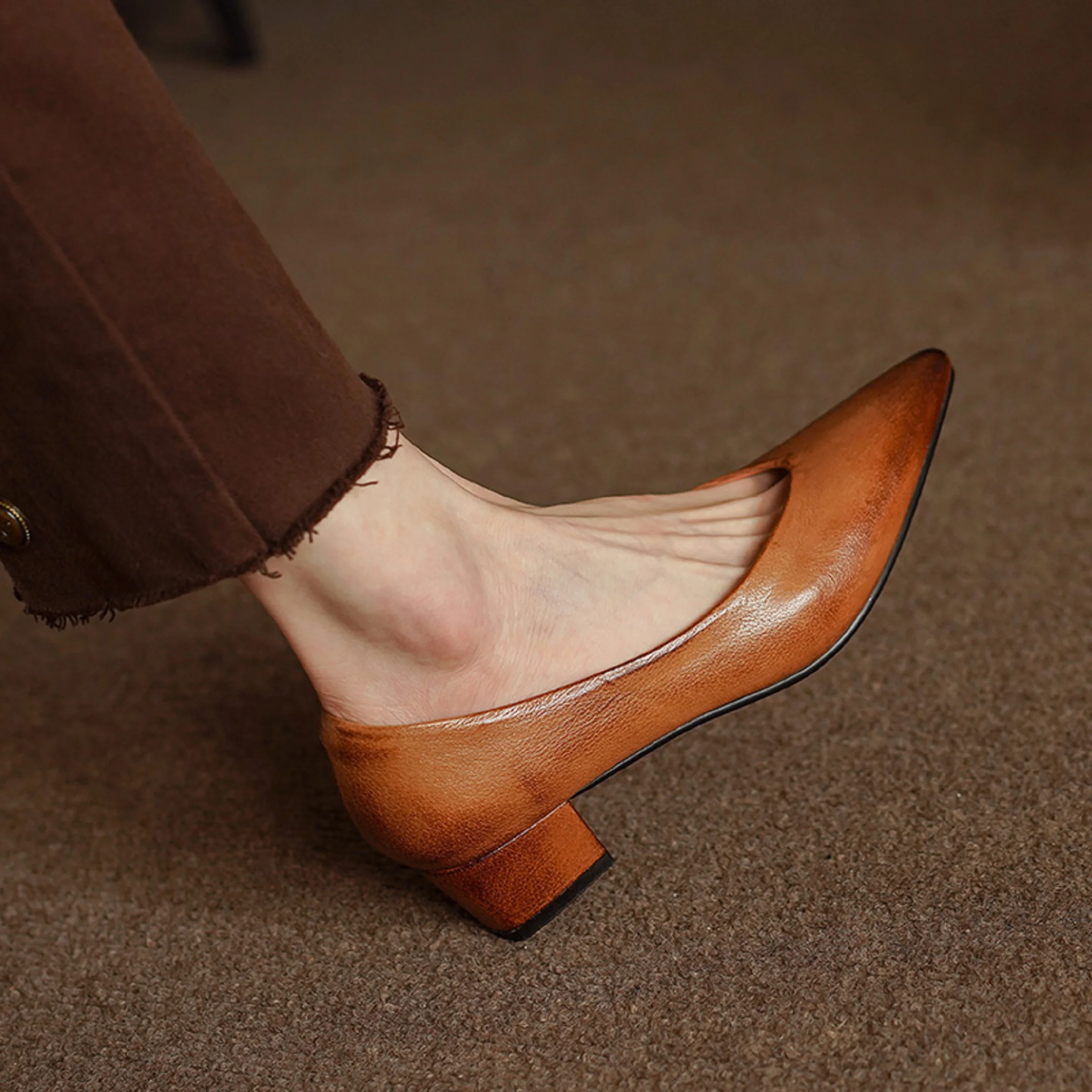 Classic Concise Women Pumps Thick Heels Genuine Leather Office Lady Working Mature Basic Shoes Spring Autumn 34-40