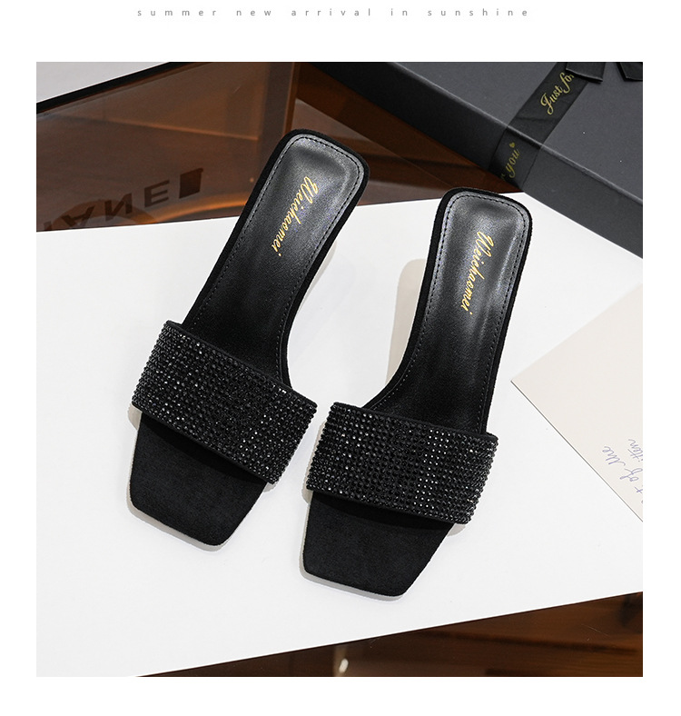 Square toe black rhinestone strap sandals stiletto high heel sandals for women