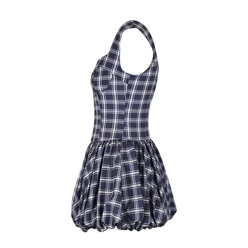 Sleeveless Polyester Checkered Fitted A-Line Dress