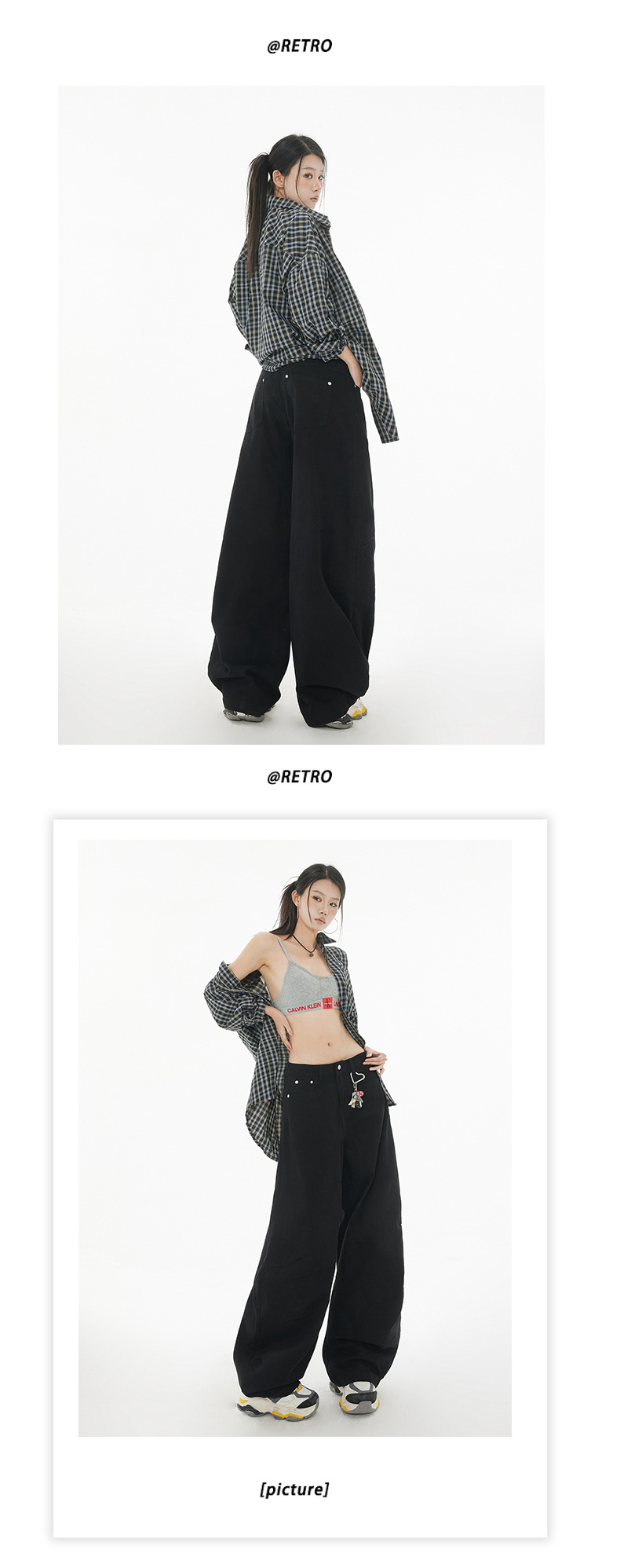 Curved Design Water-Washed Tapered Jeans Women High Street Loose Straight Wide-Leg Pants