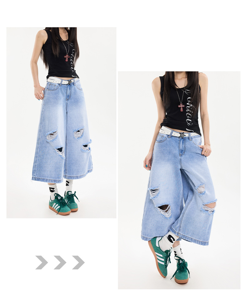 Black Gray Hole Seven-Point Denim Pants Women Vintage Wide-Leg Straight Leg Pants High Street Trendy