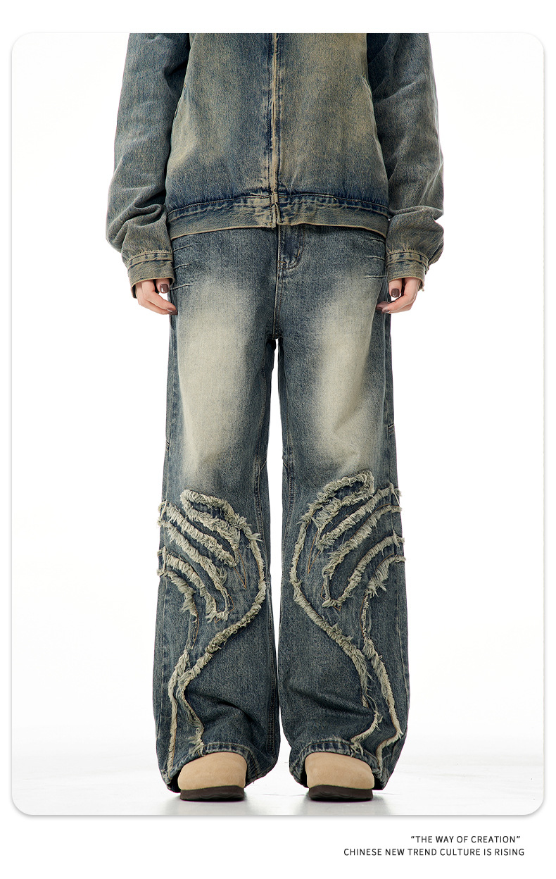 Faded Denim Pants Vintage Blue High Street Design Distressed Personality Straight Loose Casual Slim Fit Long Trousers