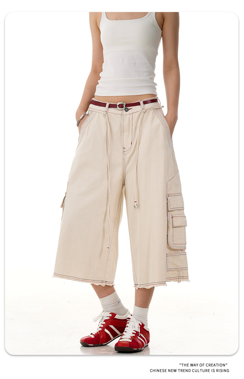 Multi-Pocket Workwear Capri Pants for Men and Women Summer Vintage Washed Loose Fit Wide Leg Casual Shorts