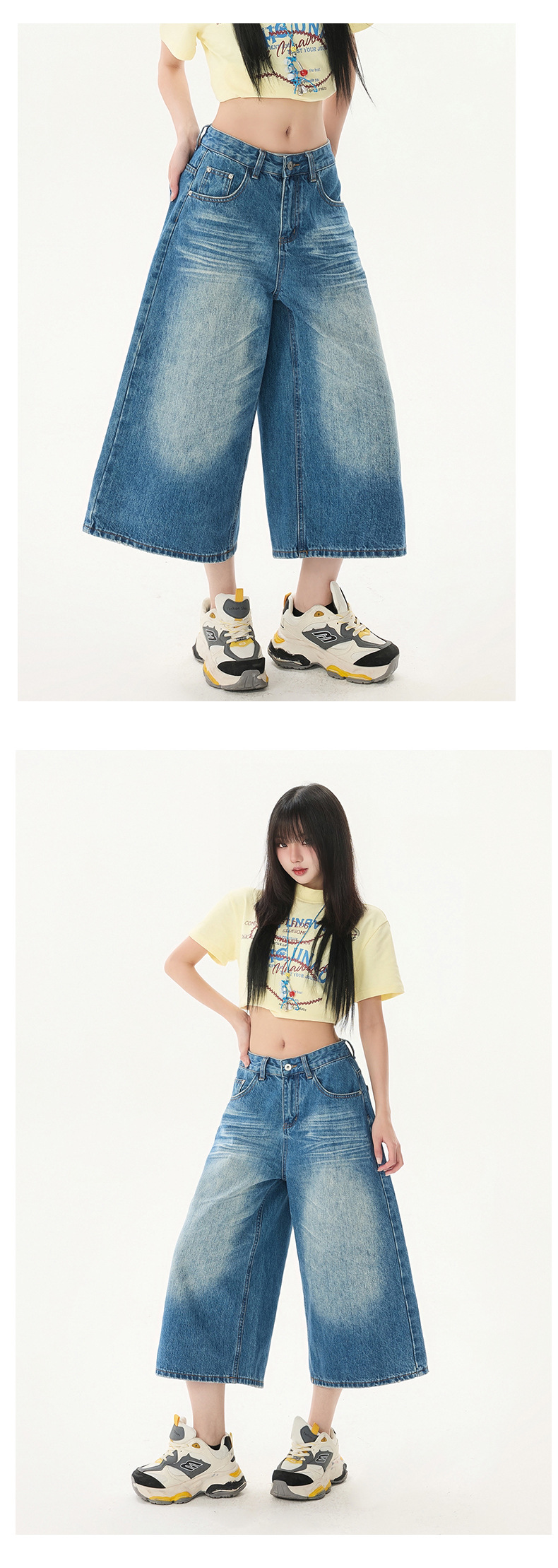 Design Creased 7/8 Length Jeans Women Summer Loose Wide-Leg Casual Lazy Mid-Length Pants